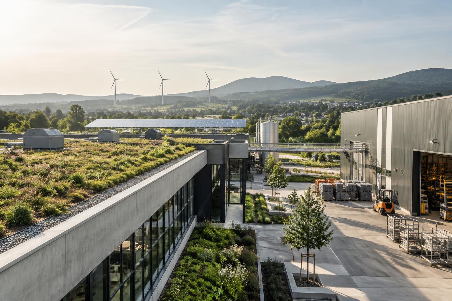 Nachhaltige Industrie mit erneuerbarer Energie und begrünten Gebäuden